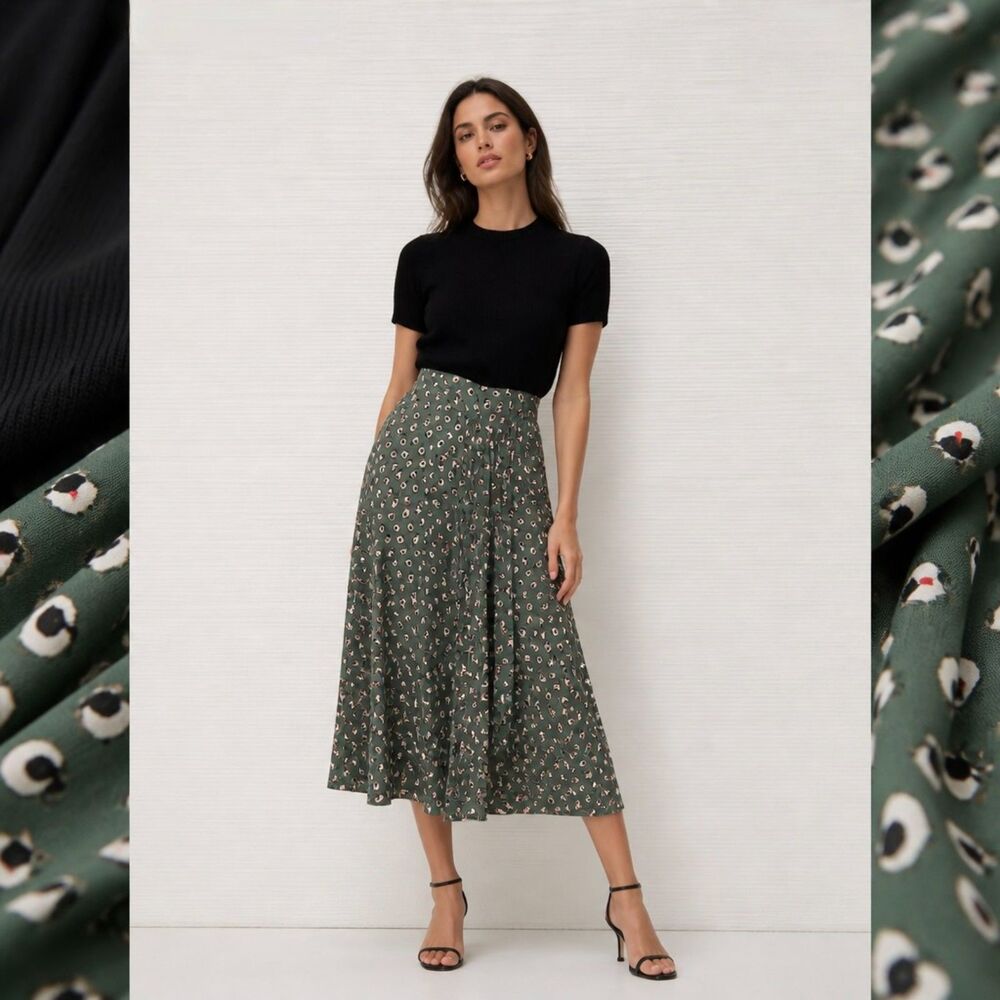 Vintage Midi Dress Women Size M Black Green Abstract Cameo Print Short Sleeve